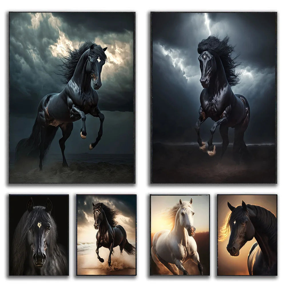 Black and White Wild Horses Canvas Paintings on the Wall Art Posters and Prints Animals Modern Art Pictures Room Decor Cuadros