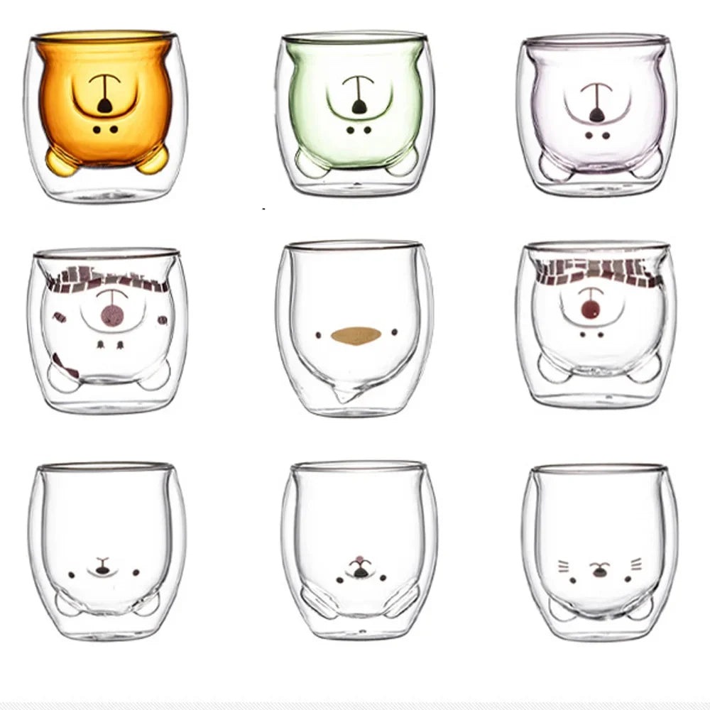 250ML Double Glass Cup Coffee Mug Bear Cat Dog Animal Transparent Cute Milk Juice Tea Drinking Cups Birthday Party Wine Glasses