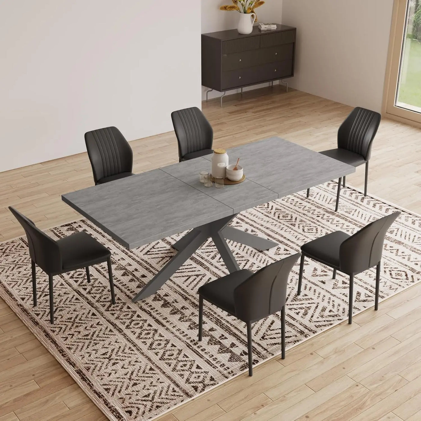 6-Piece Extendable Dining Table Set, Modern 51''–67'' Grey Wood Table with 6 Black Fabric Chairs, Dining Room Table, Customized