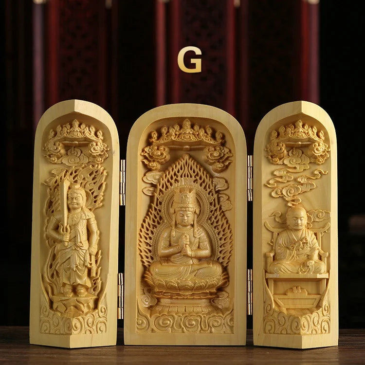 1Pc Exquisite Boxwood Carving Guanyin Buddha Statue Western Sansheng Wood Carving Crafts Home Decoration