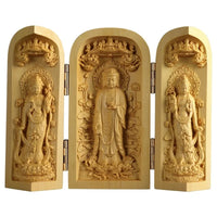 1Pc Exquisite Boxwood Carving Guanyin Buddha Statue Western Sansheng Wood Carving Crafts Home Decoration