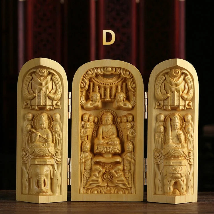 1Pc Exquisite Boxwood Carving Guanyin Buddha Statue Western Sansheng Wood Carving Crafts Home Decoration