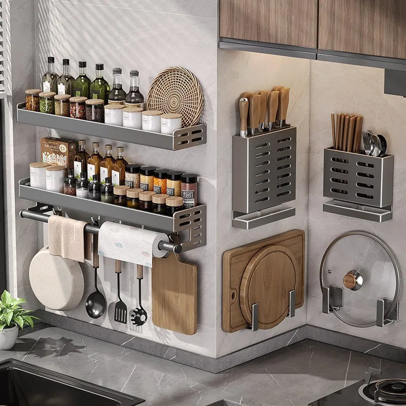 Gunmetal Kitchen Storage Rack - Space Aluminum No-Drill Wall Mounted Multi-Functional Organizer for Spices and Knives
