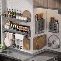 Gunmetal Kitchen Storage Rack - Space Aluminum No-Drill Wall Mounted Multi-Functional Organizer for Spices and Knives