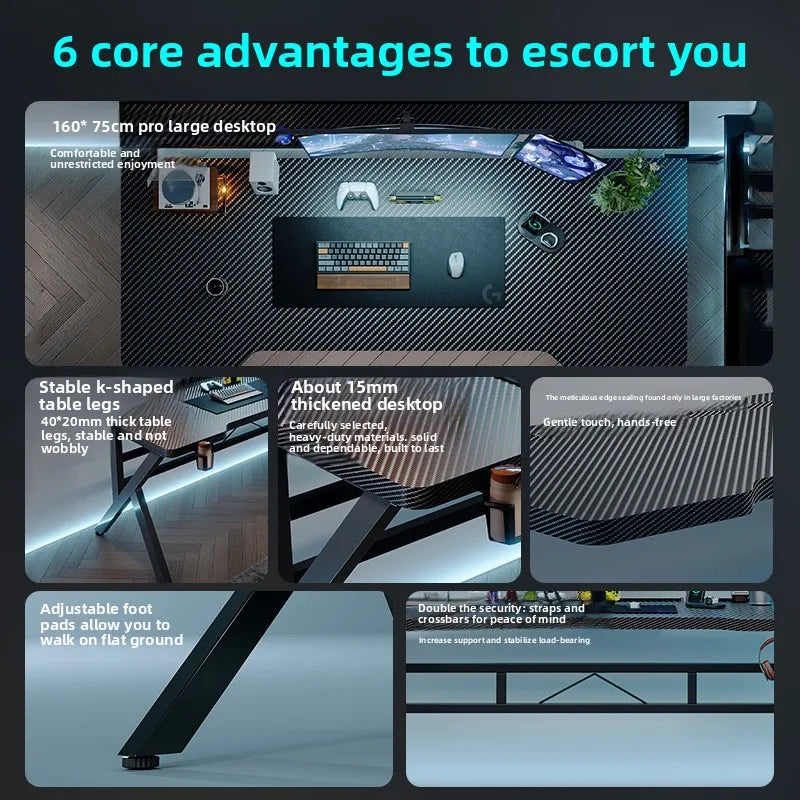 Gaming Desk Two-Stage Split Plate Desktop Home Mountable Monitor Stand Carbon Fiber Textured Solid Wood Computer Desk