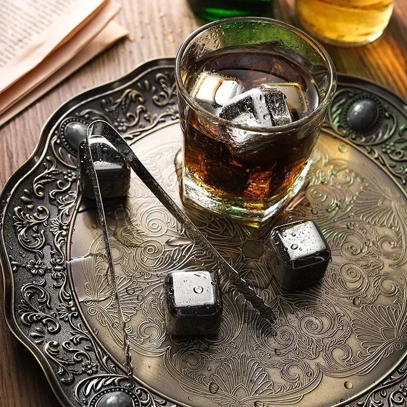 Stainless Steel Whiskey Stone Ice Cubes 4/6/8Pcs Reusable Ice Cube Set Vodka Beer Ice Stone Whiskey Cooler Bar Accessories