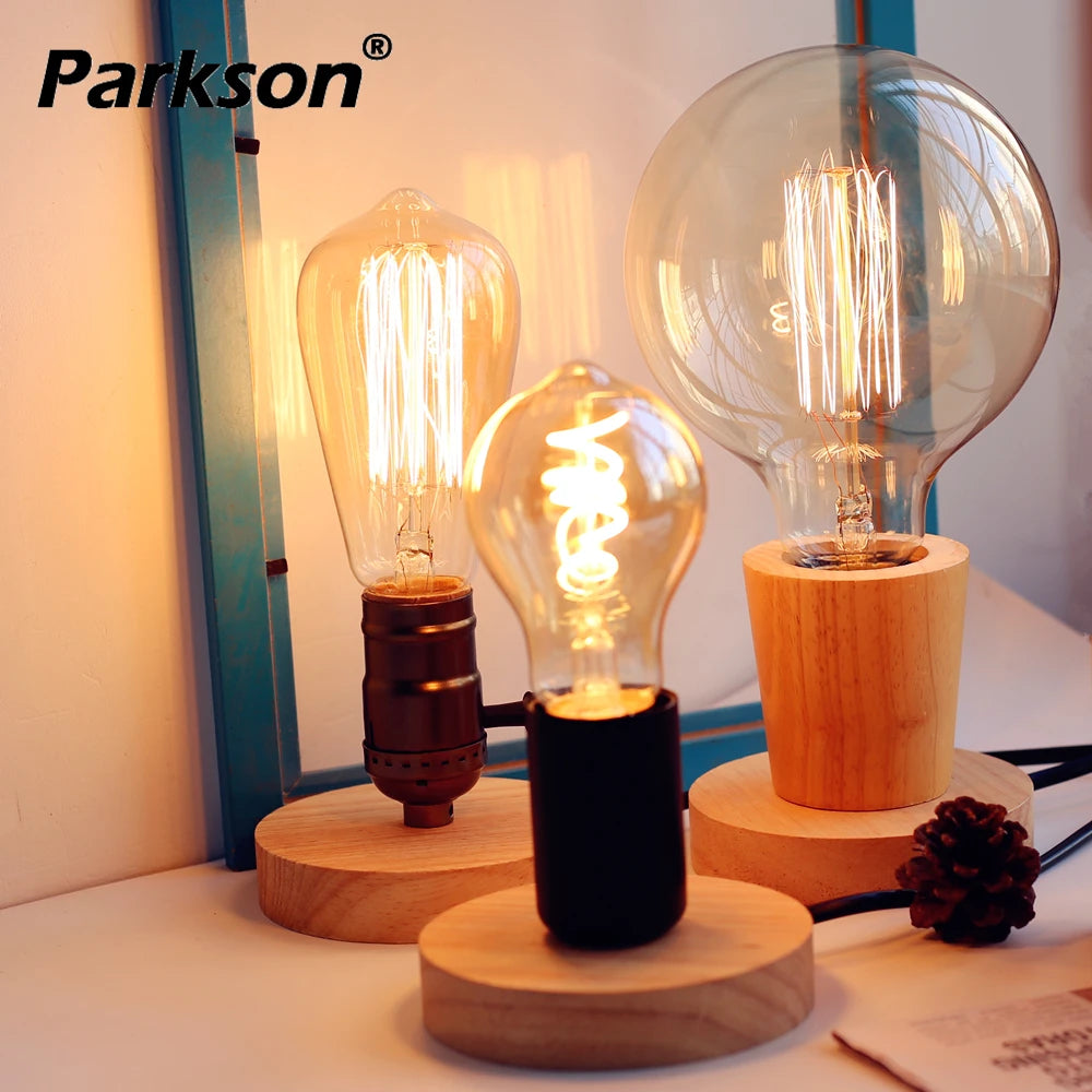 Vintage Lamp Holder E27 Socket 85-265V Lampholder LED Lamp Retro Wood Base Napkin Table Desk Lamp Edison Bulb Light Fixture