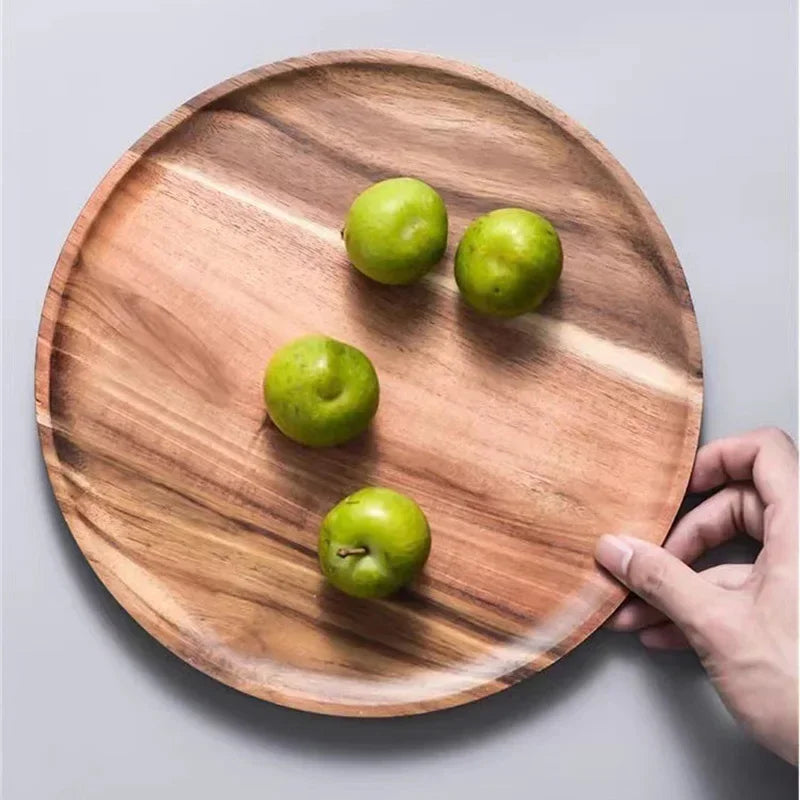 JUSTINLAU 15/20/25cm Wooden Round Serving Platter Tray Retro Pizza Salad Plate Fruit Dessert Tray Bread Container Snacks Dish