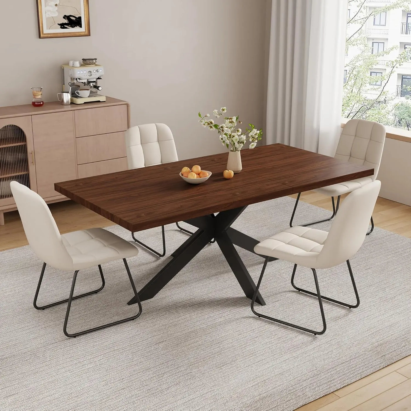 6-Piece Extendable Dining Table Set, Modern 51''–67'' Grey Wood Table with 6 Black Fabric Chairs, Dining Room Table, Customized