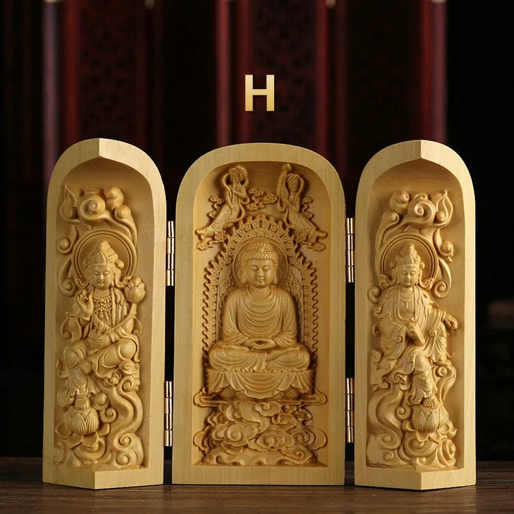 1Pc Exquisite Boxwood Carving Guanyin Buddha Statue Western Sansheng Wood Carving Crafts Home Decoration