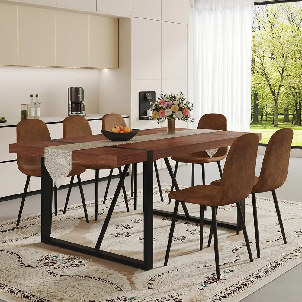 Walnut Dining Table Set for 6, 71" Wood Kitchen Table Set with 6 Suede Nap Fabric Chairs, Modern Rectangular Dining, Customized