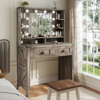 Small Vanity Desk with Mirror and Lights Wooden Makeup Vanity with Storage Drawers & Charging Station Women Bedroom Small Space