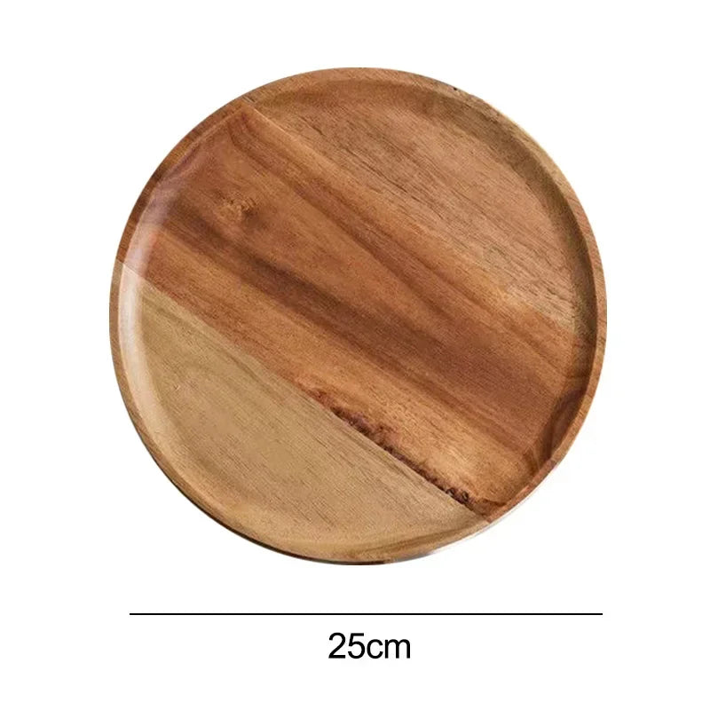 JUSTINLAU 15/20/25cm Wooden Round Serving Platter Tray Retro Pizza Salad Plate Fruit Dessert Tray Bread Container Snacks Dish