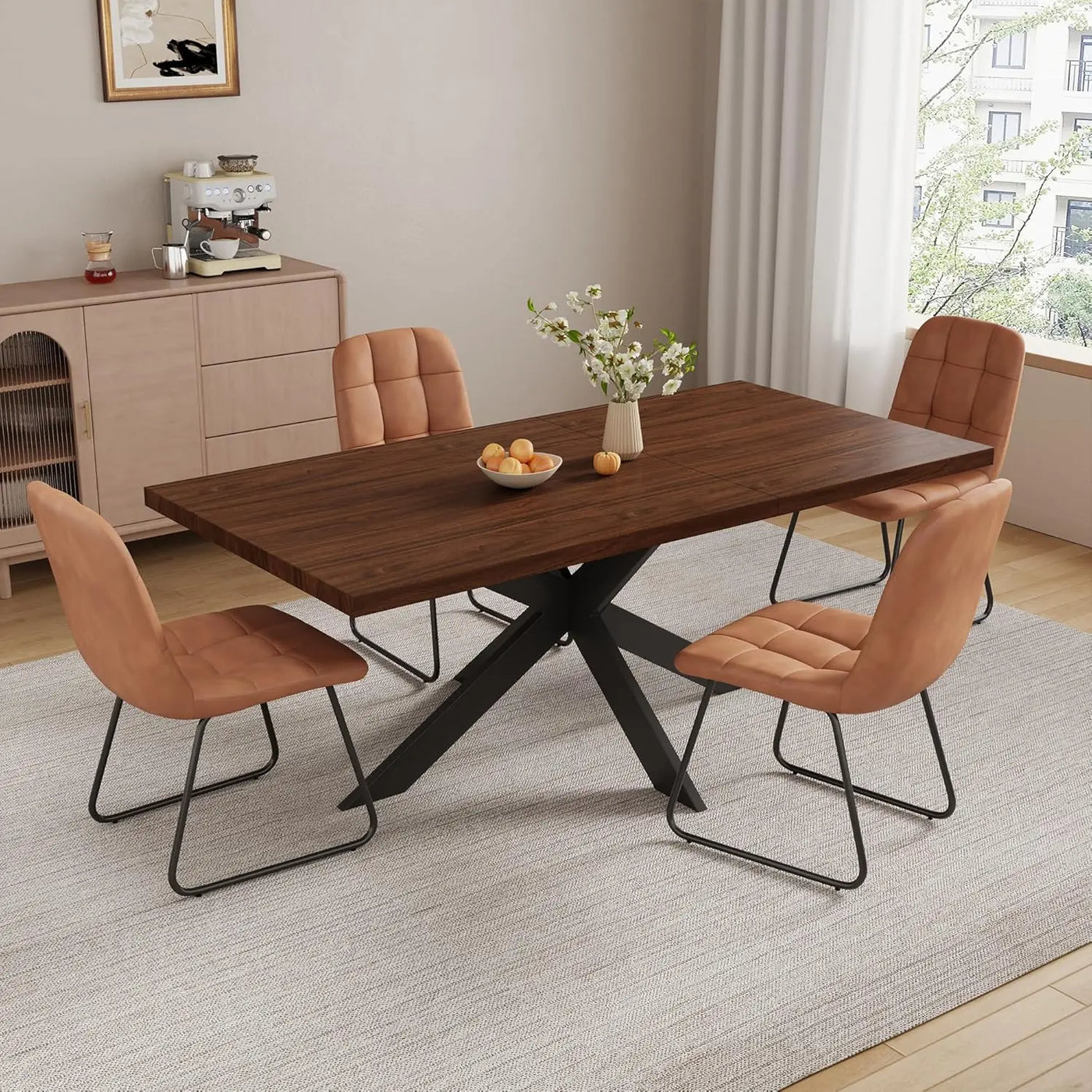 6-Piece Extendable Dining Table Set, Modern 51''–67'' Grey Wood Table with 6 Black Fabric Chairs, Dining Room Table, Customized