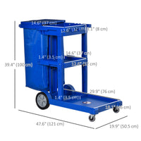 Commercial Janitorial Cart with 3 Tier Shelves, Professional Cleaning Cart with Rubbish Bag with Lid and Mop Mount for Hotel, Restaurant, Office, Blue