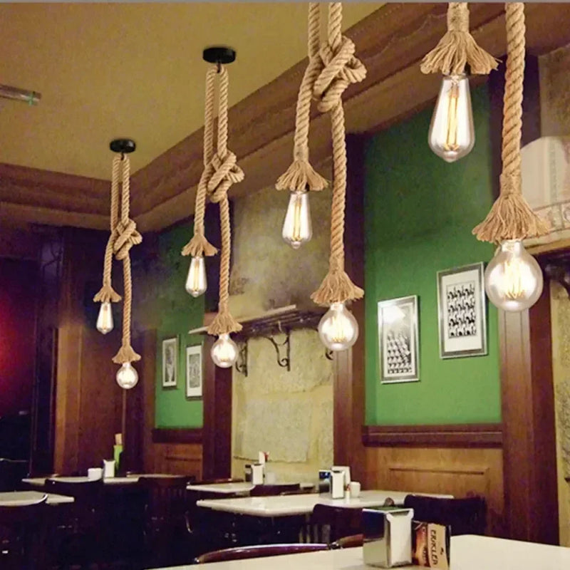 Retro Hemp Rope Pendant Light Base Vintage Industrial Chandelier E27 Ceiling Hanging Lamp for Loft Living Room Bar(No Led Bulb)