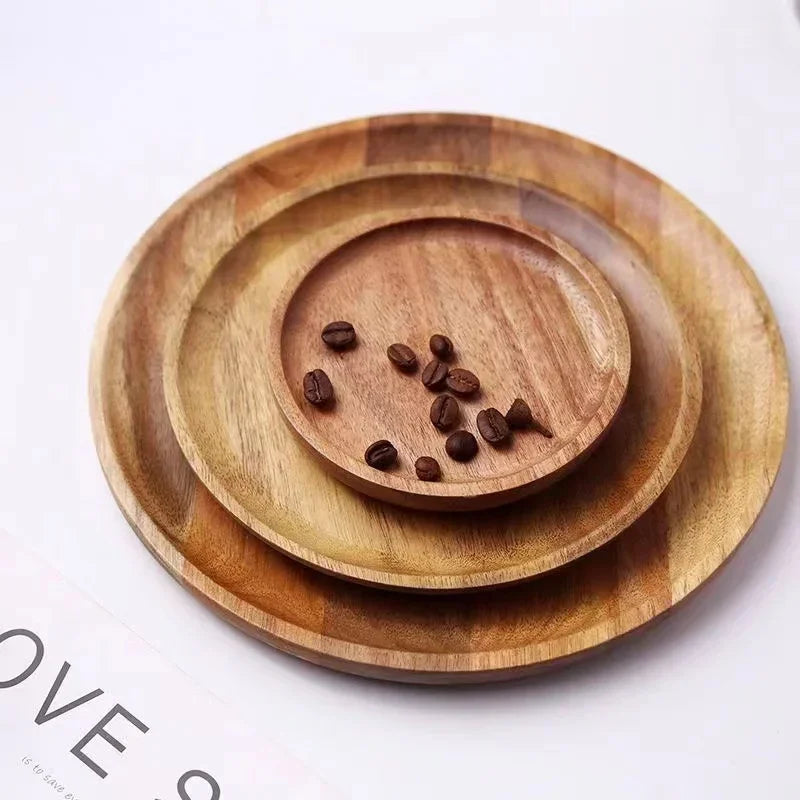 JUSTINLAU 15/20/25cm Wooden Round Serving Platter Tray Retro Pizza Salad Plate Fruit Dessert Tray Bread Container Snacks Dish