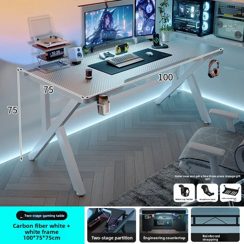 Gaming Desk Two-Stage Split Plate Desktop Home Mountable Monitor Stand Carbon Fiber Textured Solid Wood Computer Desk