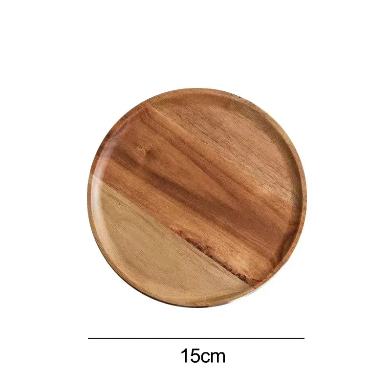JUSTINLAU 15/20/25cm Wooden Round Serving Platter Tray Retro Pizza Salad Plate Fruit Dessert Tray Bread Container Snacks Dish