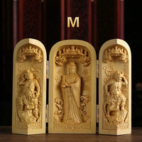 1Pc Exquisite Boxwood Carving Guanyin Buddha Statue Western Sansheng Wood Carving Crafts Home Decoration