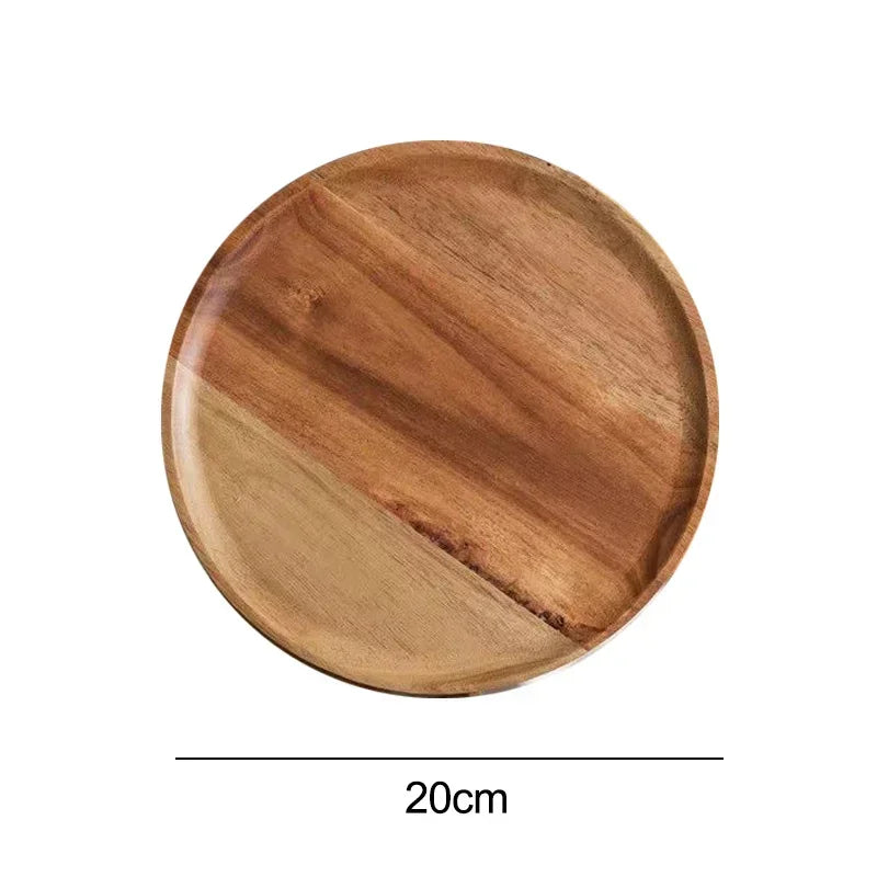 JUSTINLAU 15/20/25cm Wooden Round Serving Platter Tray Retro Pizza Salad Plate Fruit Dessert Tray Bread Container Snacks Dish