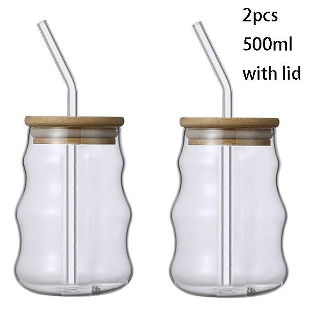 YWDL 1/2pcs 500ml Glass Tumblers Cups With Straw Mason Jar Clear Juice Coffee Milk Cup With Bamboo Lids Drinkware