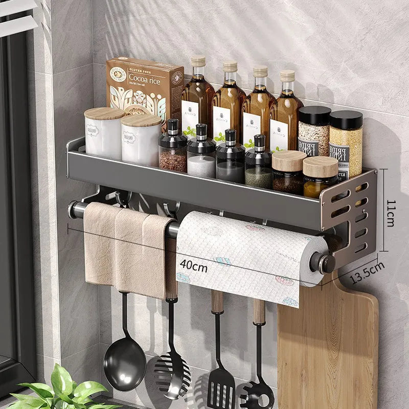 Gunmetal Kitchen Storage Rack - Space Aluminum No-Drill Wall Mounted Multi-Functional Organizer for Spices and Knives