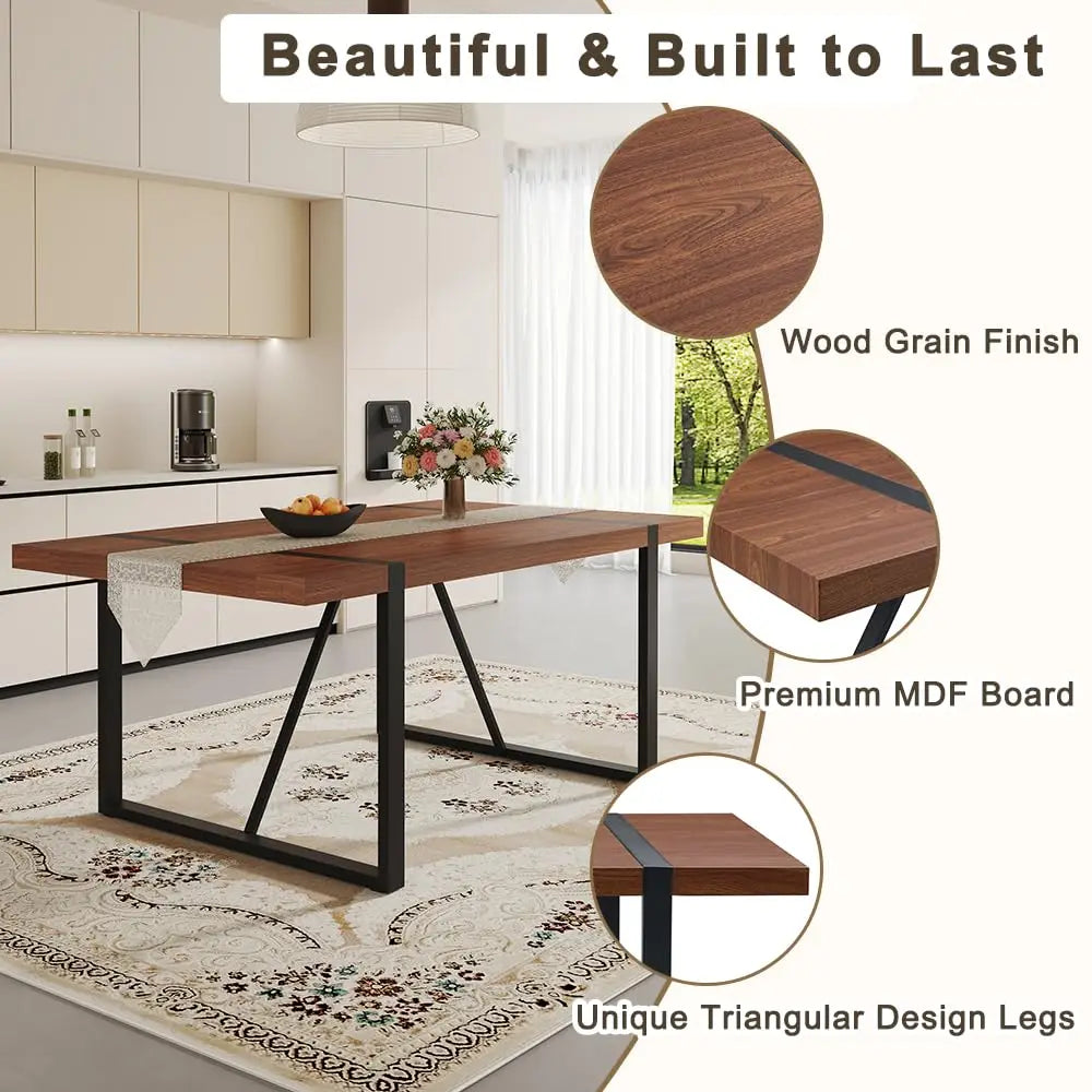 Walnut Dining Table Set for 6, 71" Wood Kitchen Table Set with 6 Suede Nap Fabric Chairs, Modern Rectangular Dining, Customized