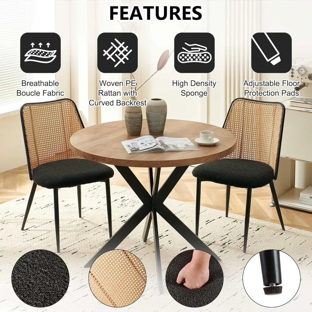 Round Dining Table with Rattan Chairs, Modern Dining Table and Chair Set with Table and 4 Upholstered Dining Chairs