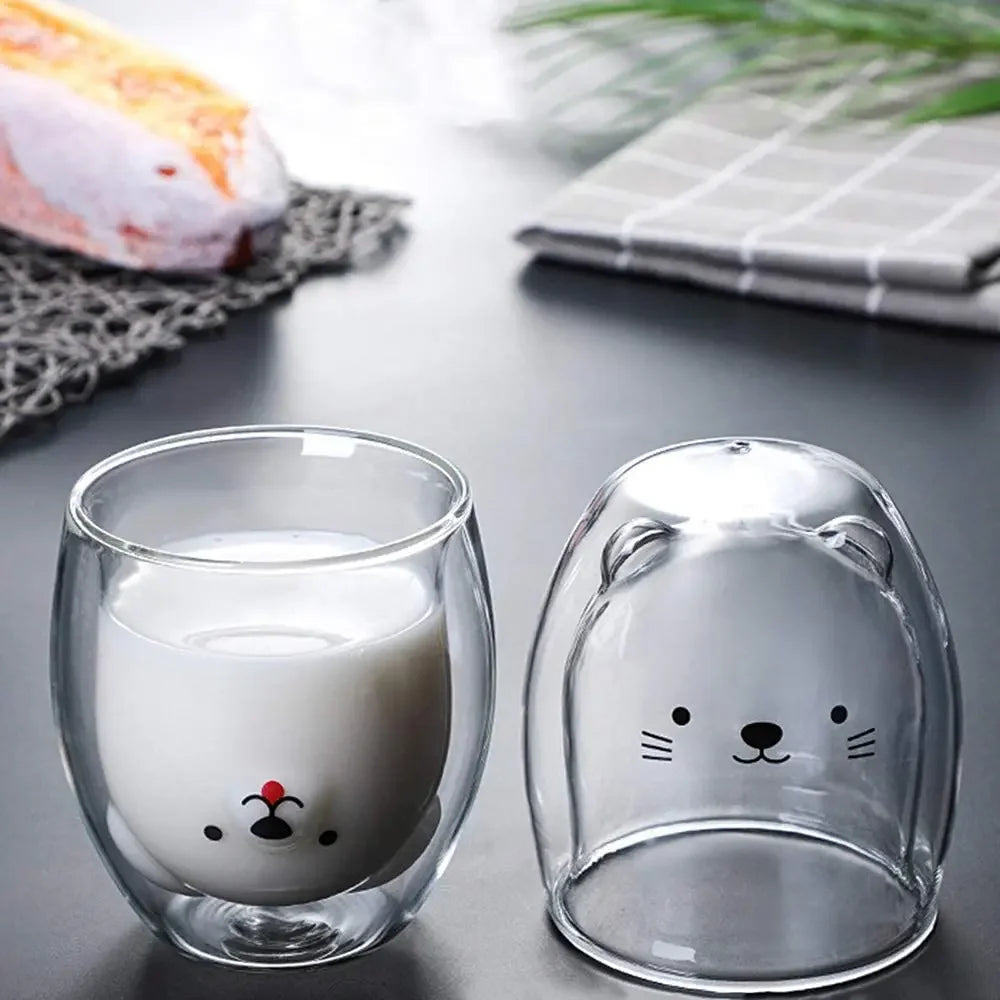 250ML Double Glass Cup Coffee Mug Bear Cat Dog Animal Transparent Cute Milk Juice Tea Drinking Cups Birthday Party Wine Glasses