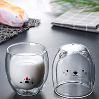 250ML Double Glass Cup Coffee Mug Bear Cat Dog Animal Transparent Cute Milk Juice Tea Drinking Cups Birthday Party Wine Glasses
