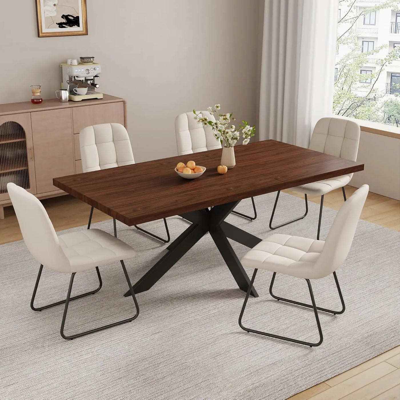 6-Piece Extendable Dining Table Set, Modern 51''–67'' Grey Wood Table with 6 Black Fabric Chairs, Dining Room Table, Customized