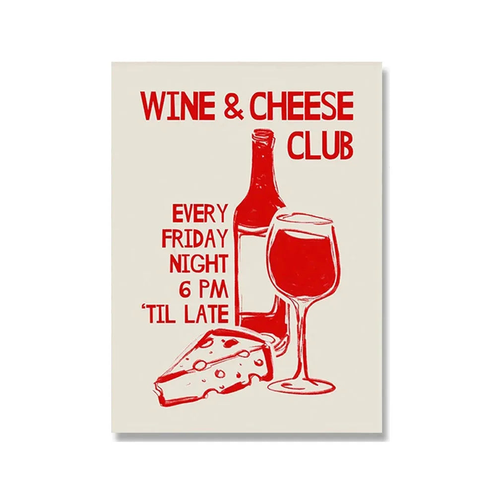 Wine & Cheese Noodles Wall Art Canvas Painting Modern Aesthetic Posters Prints Art for Dorm Kitchen Bar Club Home Decor Unframed