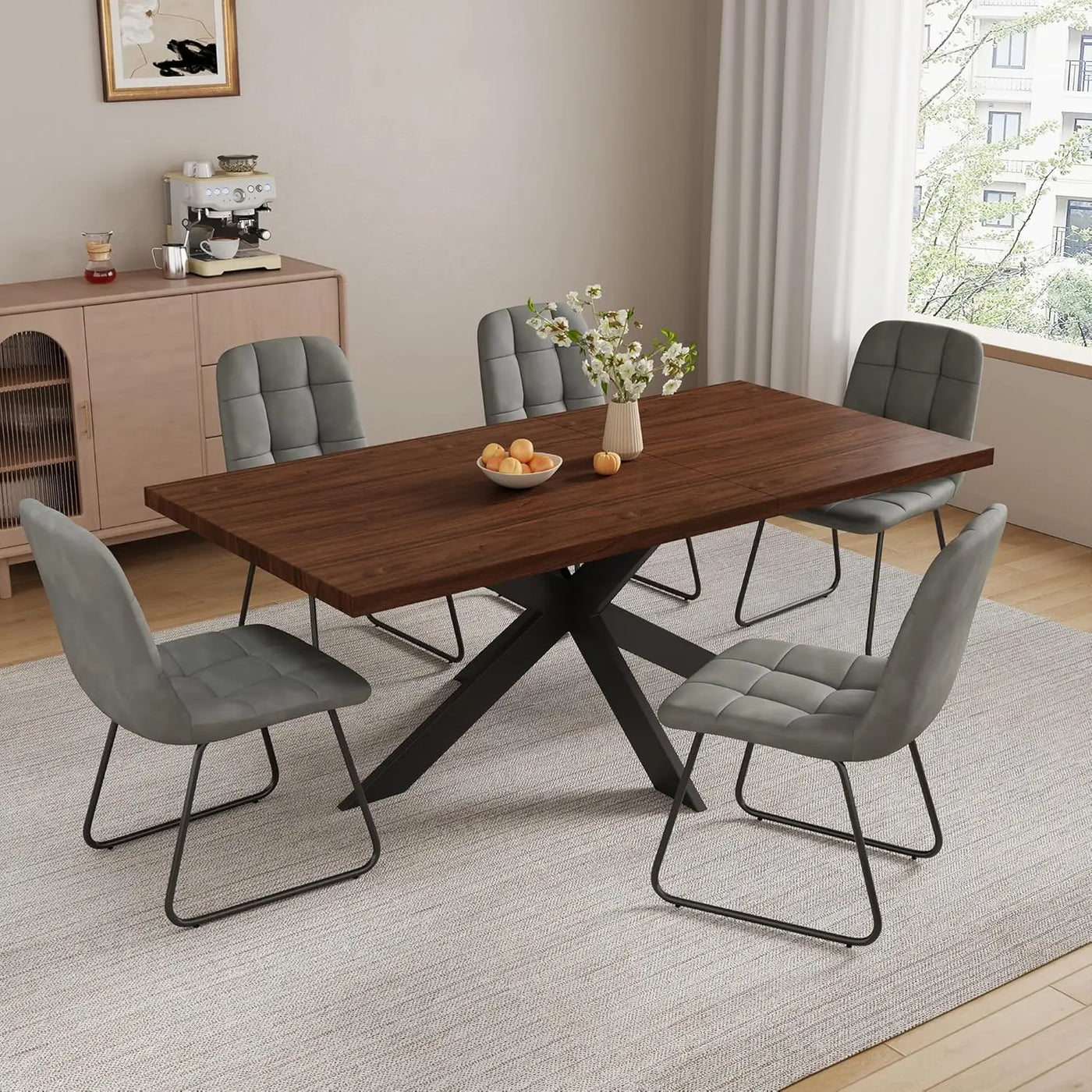 6-Piece Extendable Dining Table Set, Modern 51''–67'' Grey Wood Table with 6 Black Fabric Chairs, Dining Room Table, Customized