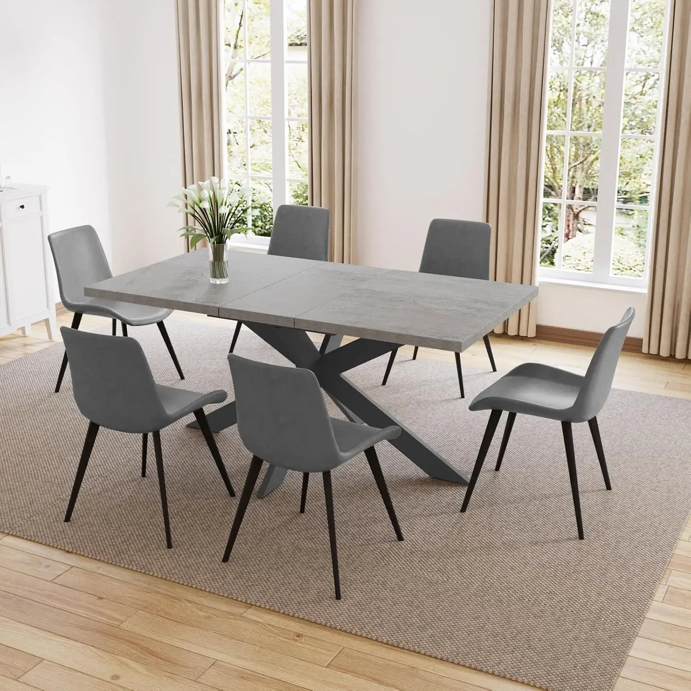 6-Piece Extendable Dining Table Set, Modern 51''–67'' Grey Wood Table with 6 Black Fabric Chairs, Dining Room Table, Customized