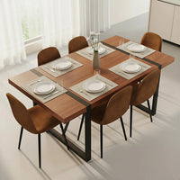 Walnut Dining Table Set for 6, 71" Wood Kitchen Table Set with 6 Suede Nap Fabric Chairs, Modern Rectangular Dining, Customized