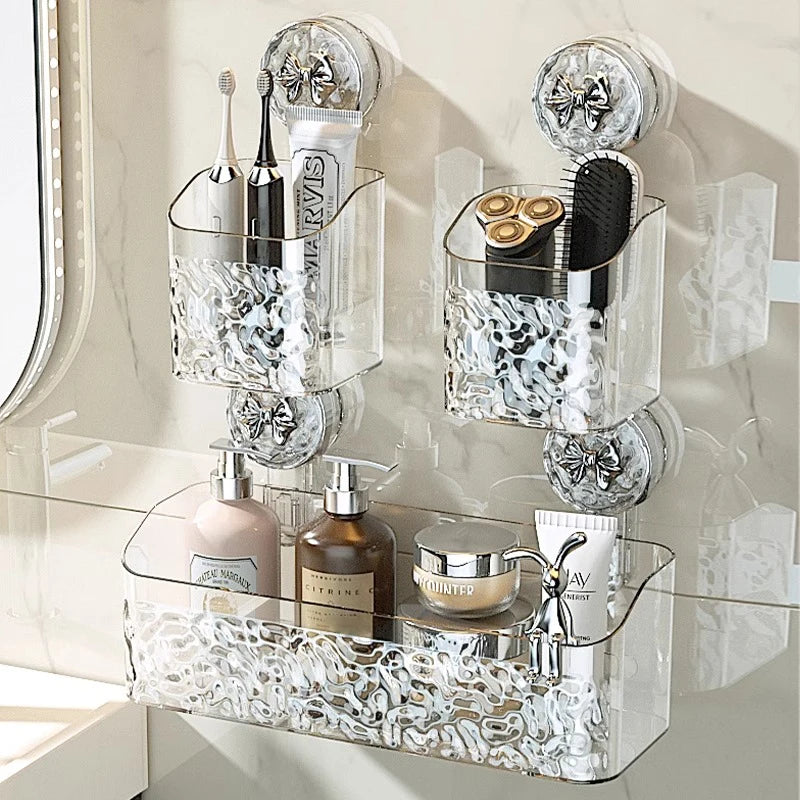 Bathroom Shelf Wall Mounted Non Perforated Suction Cup Storage Basket With Glacier Pattern For Home Storage Products
