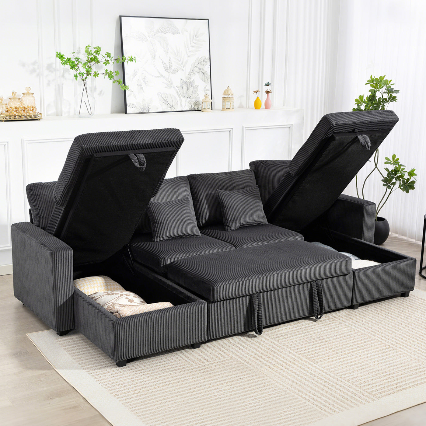 Convertible Sofa Bed, Corduroy U-Shaped Sleeper Sofa Couch with Storage Chaise, Pillows, Spring, Futon Couch, Grey