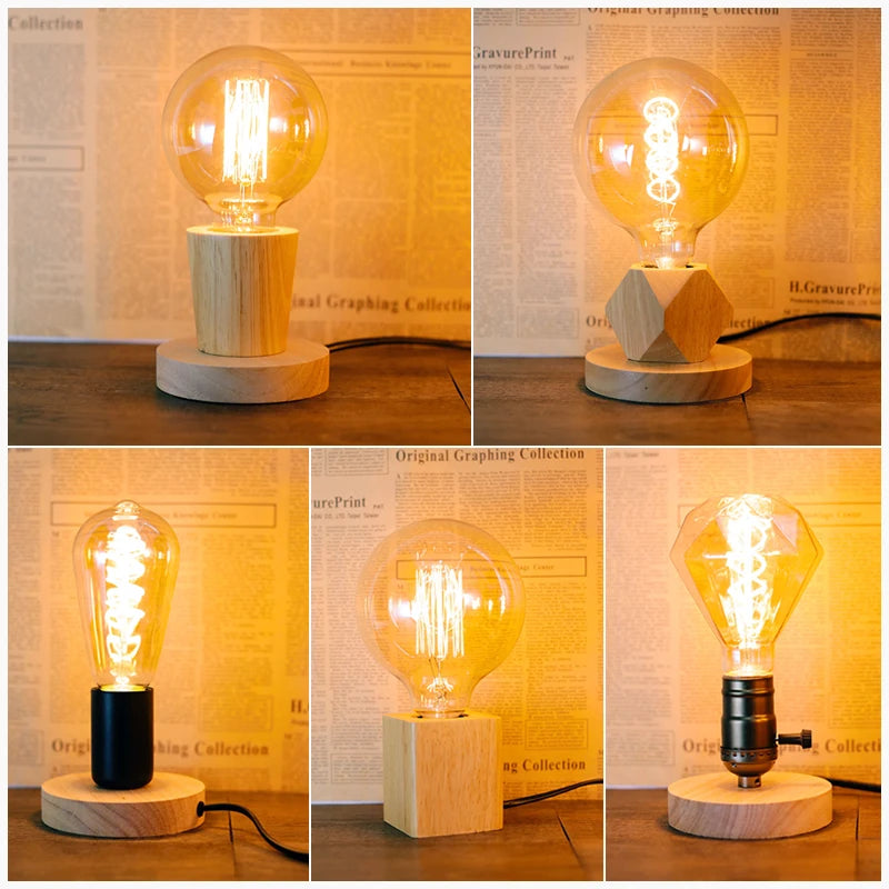 Vintage Lamp Holder E27 Socket 85-265V Lampholder LED Lamp Retro Wood Base Napkin Table Desk Lamp Edison Bulb Light Fixture