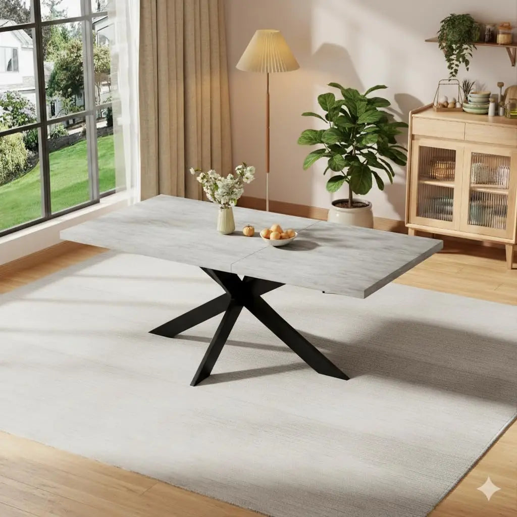 6-Piece Extendable Dining Table Set, Modern 51''–67'' Grey Wood Table with 6 Black Fabric Chairs, Dining Room Table, Customized