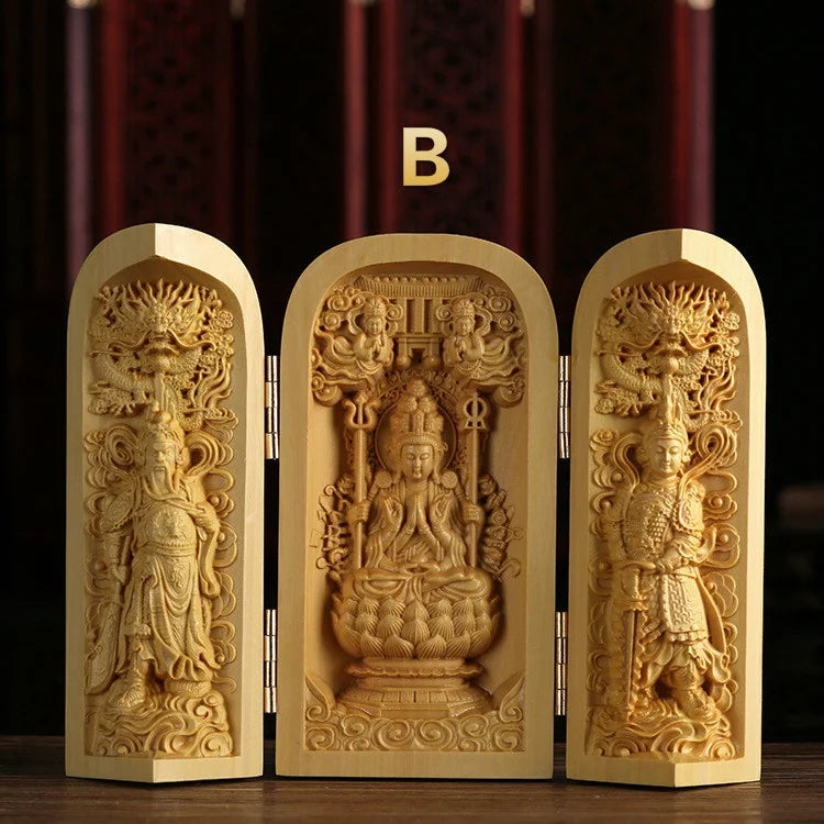 1Pc Exquisite Boxwood Carving Guanyin Buddha Statue Western Sansheng Wood Carving Crafts Home Decoration