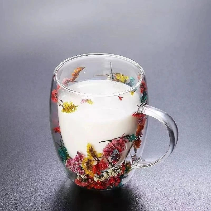 Dried Flower Double-layer Glass High-value Souvenir Glass High Borosilicate Glass Petal Coffee Cup Simple Design and Creative