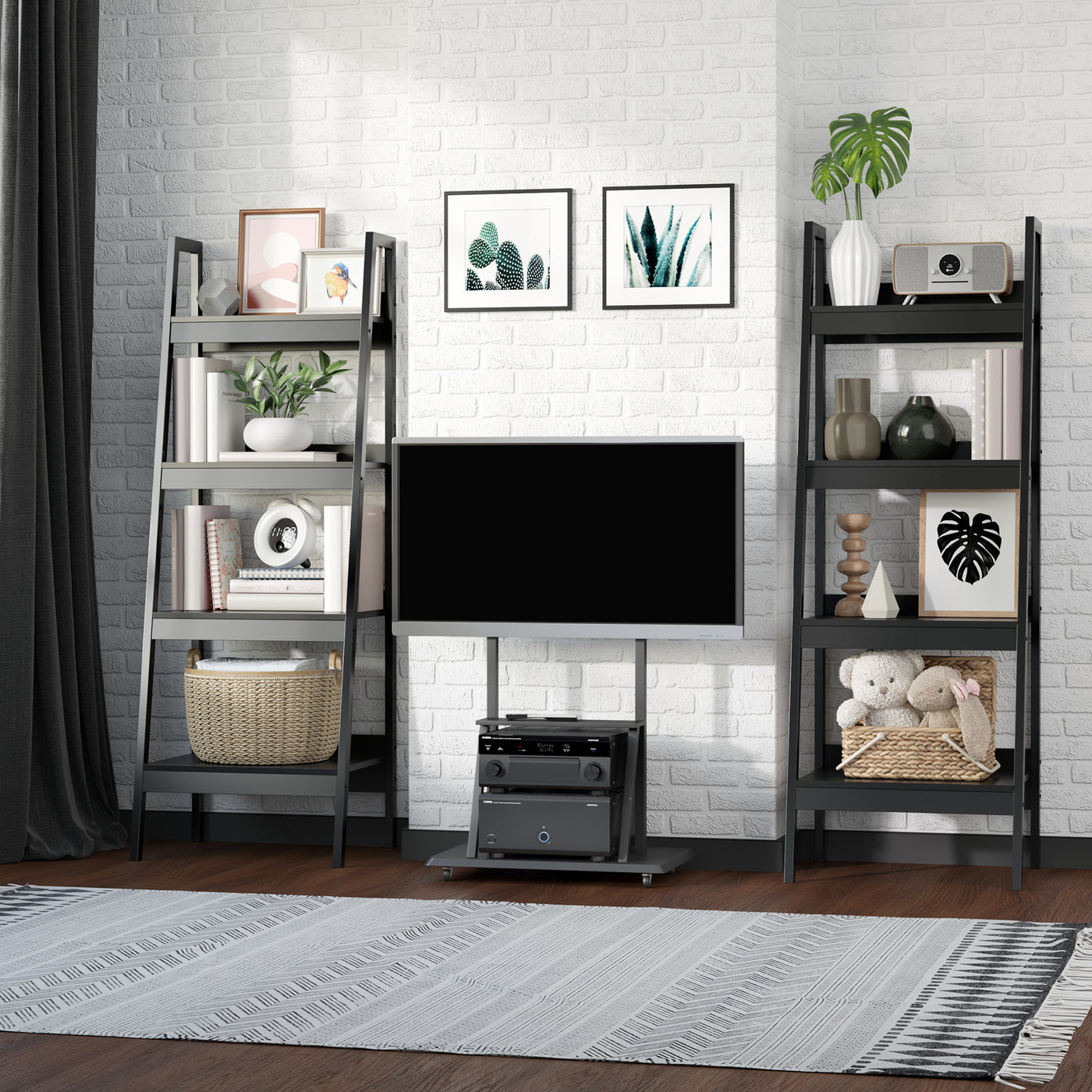 Set of 2, 4 Tier Ladder Shelf Bookcase, Multi-Use Display Rack, Storage Shelving Unit Display Stand, Flower Plant Stand, Home Office Furniture, Black