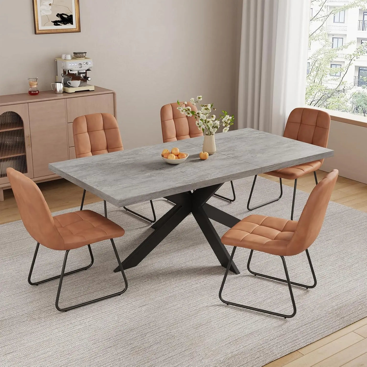 6-Piece Extendable Dining Table Set, Modern 51''–67'' Grey Wood Table with 6 Black Fabric Chairs, Dining Room Table, Customized