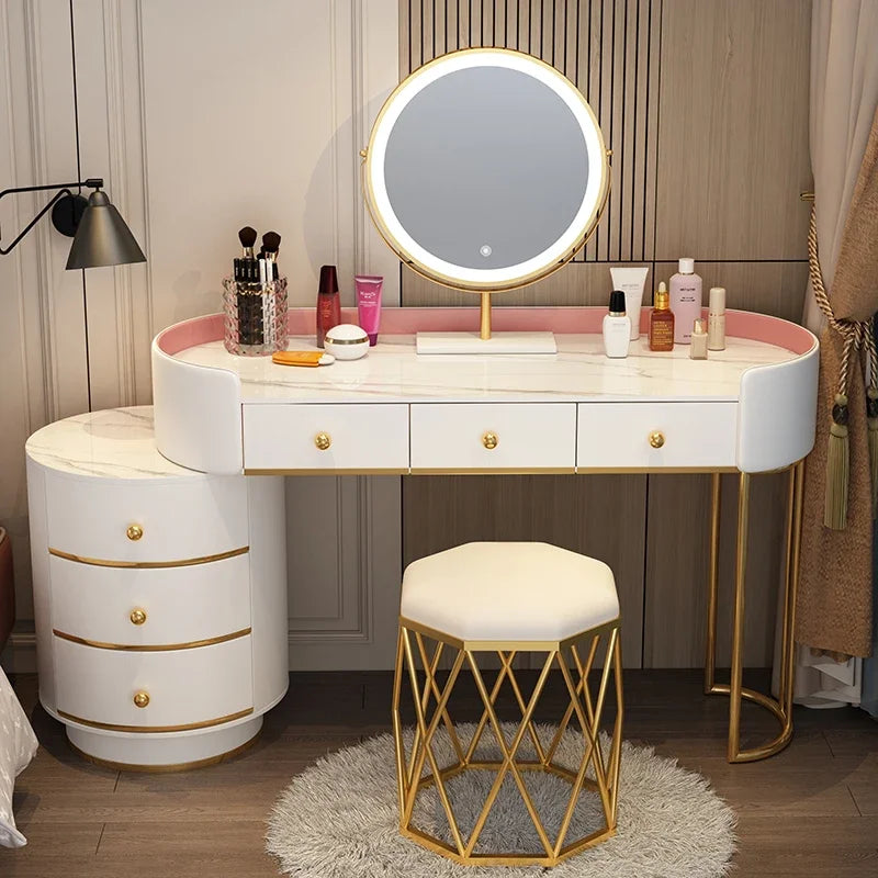 Pink White Vanity Table Women Luxury Nail European Big Stool Study Dressing Table Organizer Mesa De Maquillaje Home Furniture