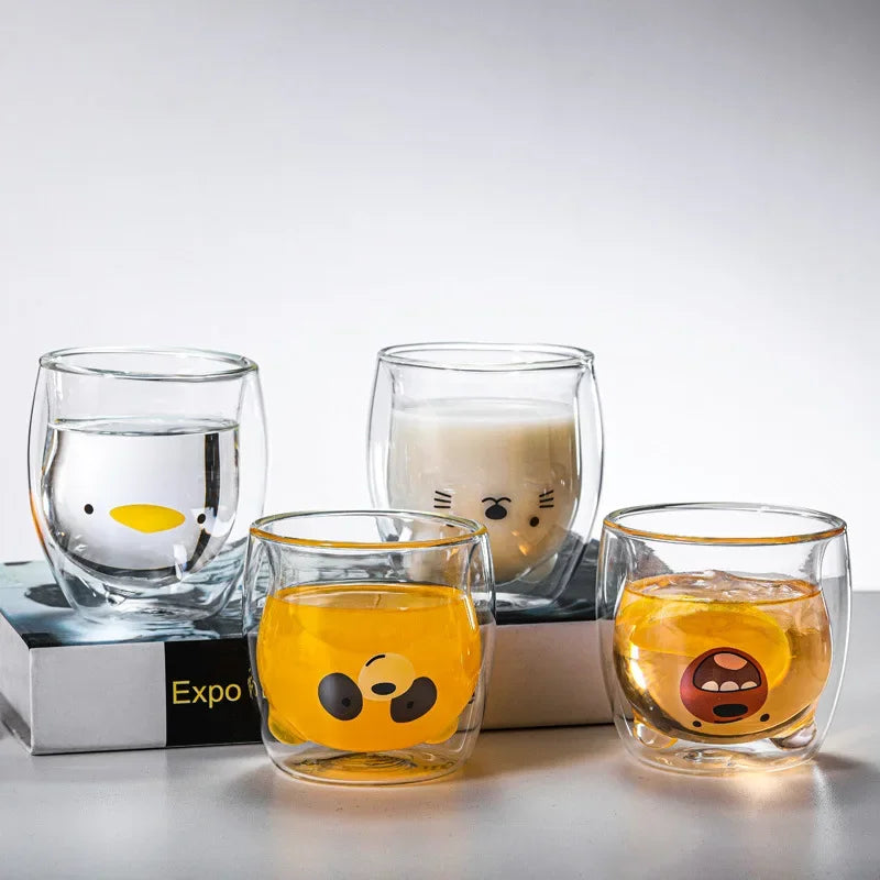 250ML Double Glass Cup Coffee Mug Bear Cat Dog Animal Transparent Cute Milk Juice Tea Drinking Cups Birthday Party Wine Glasses