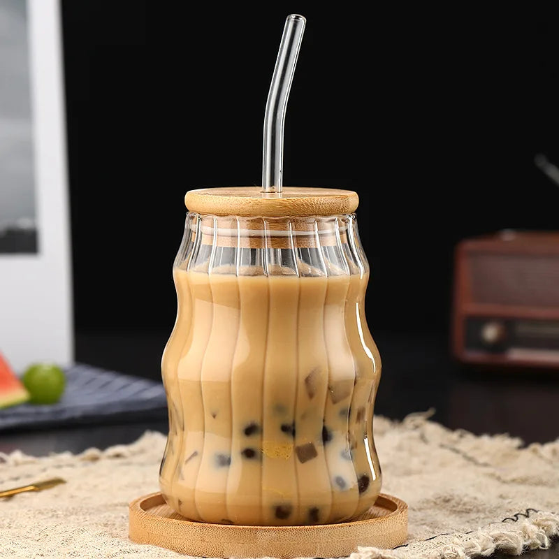 YWDL 1/2pcs 500ml Glass Tumblers Cups With Straw Mason Jar Clear Juice Coffee Milk Cup With Bamboo Lids Drinkware