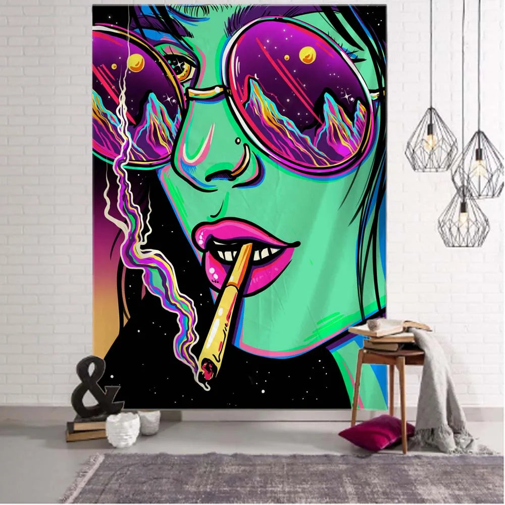 Hippie Wall Big Tapestry Wall Hanging Psychedelic Smoke Cool Girl Art Mystic Kawaii Room Decor Mandala Yoga Picnic Mat Sheet