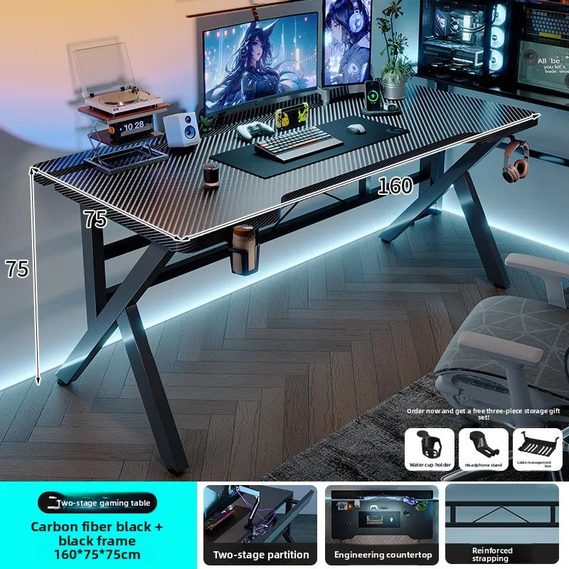 Gaming Desk Two-Stage Split Plate Desktop Home Mountable Monitor Stand Carbon Fiber Textured Solid Wood Computer Desk