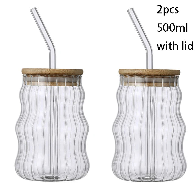YWDL 1/2pcs 500ml Glass Tumblers Cups With Straw Mason Jar Clear Juice Coffee Milk Cup With Bamboo Lids Drinkware